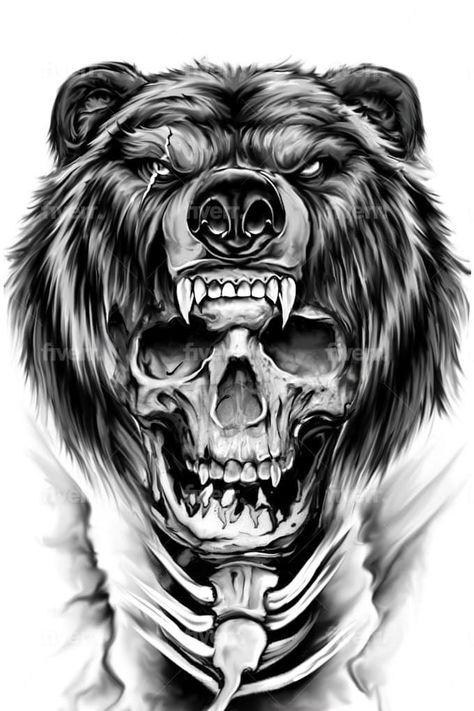 Alaskan Sleeve Tattoo, Grizzly Bear Hand Tattoo, Bear Leg Tattoo Men, Bear And Skull Tattoo, Bear Tattoos For Men Leg, Bear Wolf Tattoo, Bear Tattoo Stencil, Bear Skull Tattoo, Bear Tattoos For Men