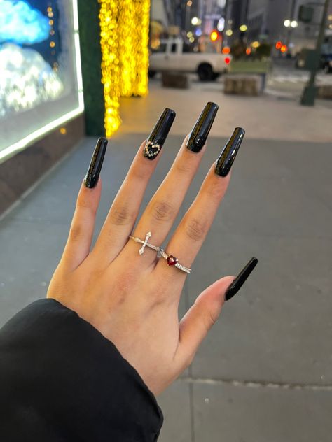 Plain Black Nails With Rhinestones, Black Nails With Diamonds Simple, Black With Jewels Nails, Long Black Nail Ideas Square, Long Black Nails Design, Long Coffin Acrylic Nails Black, Acrylic Nails Black Long, Solid Black Nails With Gems, Full Black Nails With Gems