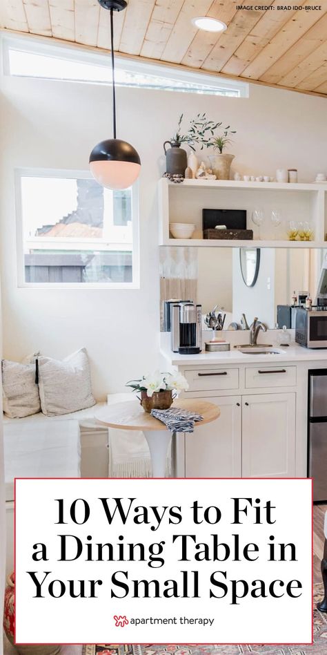 It's time to get creative with these tricks that will help you fit a dining area in even the smallest of living spaces.  #smallspaces #smalllivingroom #studio #diningroom #diningtable #smalldiningroom #smalldiningtable #diningarea #smallspacehacks #table #designtricks Small Condo Dining Table, Dine In Kitchen Ideas Small Spaces, Tiny Kitchen And Dining Combo, Studio Dining Area Small Apartments, Dining Tables For Small Apartments, Tiny Dinning Ideas, Small Condo Dining Area, Tiny Home Dining Area, Small Kitchen With Dining Area