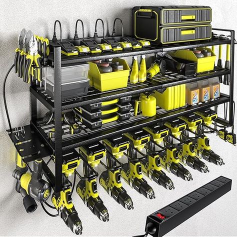 KAFAHOM Power Tool Organizer with Charging Station.Garage 8 Drill Holder Built in 8 Outlets Power Strip,Tool Storage Shelf Wall Mount,Tool Battery Organizer with Screwdriver/Hammer/Air Tool Rack Classic Shelves, Power Tool Organizer, Drill Holder, Tool Room, Tool Rack, Tool Box Storage, Garage Shelving, Shelf Wall, Tool Holder