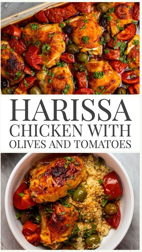 Healthy Chicken Skillet, Harissa Chicken, Middle East Recipes, Tagine Recipes, Moroccan Dishes, Harissa Paste, Chicken With Olives, Recipes Delicious, Baked Chicken Thighs