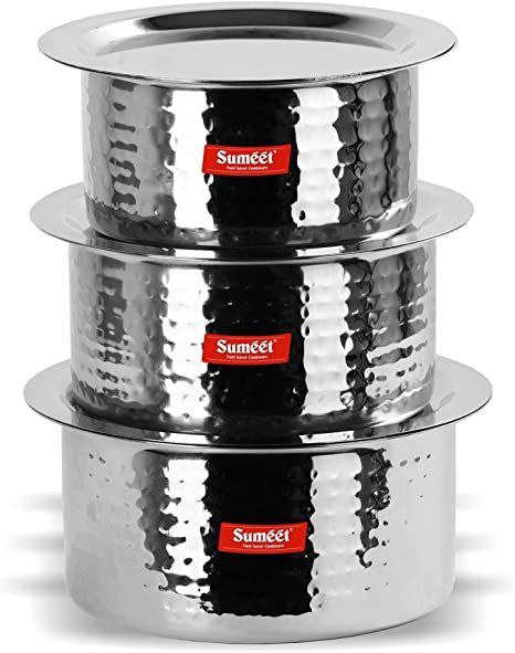 Sumeet Stainless Steel Handcrafted Hammered Texture 3 pc Induction & Gas Stove Friendly Container Set/Tope/Cookware Set With Lids (Capacity -1.85 Ltr, 2.3 Ltr, 2.8 Ltr) Best Nonstick Cookware Set, Three Ingredient Recipes, Safest Cookware, Cooking A Roast, Kitchen Cookware Sets, Must Have Kitchen Gadgets, Nonstick Cookware Sets, Basic Kitchen, Cookware Set Stainless Steel