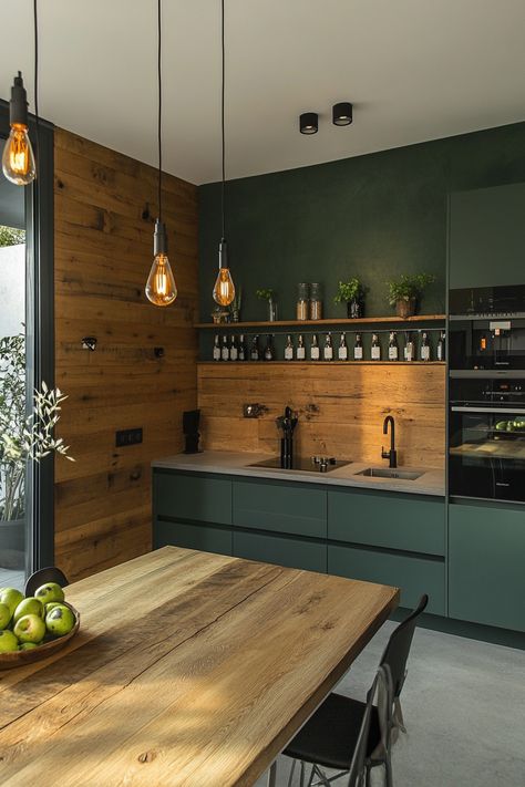 Archi Design, Interior Deco, Wood Kitchen, Green Wall, Kitchen Space, Small Designs, Small Kitchen, Modern Kitchen, Kitchen Remodel