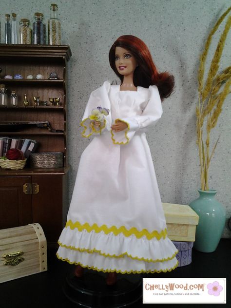 Free pattern for Barbie historical costume gown dress @ ChellyWood.com (great for Barbie wedding dress)! Barbie Doll Wedding Dresses, Chellywood Patterns, Doll Wedding Dress Pattern, Clothing Sewing Patterns Free, Free Doll Clothes Patterns, Doll Wedding Dress, Barbie Sewing, Barbie Ideas, Barbie Wedding Dress