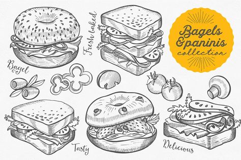 Bagels & Paninis hand-drawn graphic - Illustrations Sandwich Drawing, Kitchen Illustration, Food Doodles, Restaurant Flyer, Graphic Illustrations, Illustration Food, Hand Logo, Easter Design, Holiday Invitations