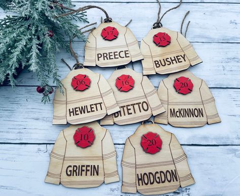 Glowforge Christmas Gifts, Laser Ornaments, Firefighter Retirement Gifts, Firefighter Jacket, Laser Products, Laser Christmas, Firefighter Retirement, Laser Crafts, Laser Cut Wood Crafts