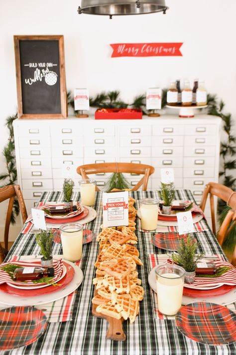 Kara's Party Ideas Christmas Holiday Waffle Bar with FREE Printables! | Kara's Party Ideas Christmas Event Ideas, Brunch Christmas, Christmas Waffles, Pancake Bar, Party Ideas Christmas, Pancake Party, Pancakes And Pajamas, Brunch Decor, Waffle Bar