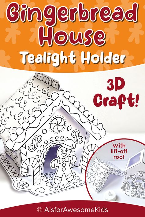 Christmas Gingerbread House 3D craft kit for kids to colour and build their own gingerbread dolls house. The finished project will have a lift-off roof to insert a battery operated tealight and comes with 3 gingerbread people to chose from. This enchanting DIY project is perfect for the holiday season. A great printable activity to complete with your child or as part of a group activity. Build Your Own Gingerbread House, Gingerbread House Svg Free, Build Gingerbread House, Gingerbread House Craft For Kids, Paper Gingerbread House, Gingerbread House Template Printable, Christmas Projects For Kids, Gingerbread Dolls, Gingerbread House Craft