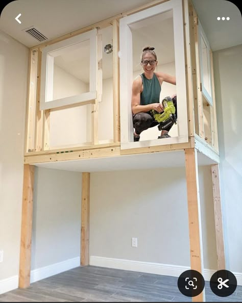 How To Build Indoor Playhouse, Indoor Treehouse Loft, Diy Playroom Loft, Loft In Playroom, Loft Play Area Over Bed, Closet Playhouse Diy, Diy Play Loft, Diy Loft Play Area, Playhouse Loft Bed Diy