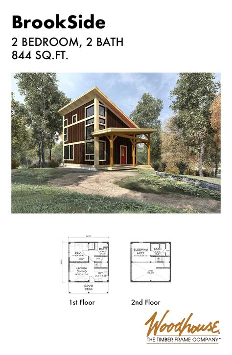 This modern timber frame cabin home is small and simple, with an open floor plan and a sleeping loft.   Download the floor plan below! Loft House Plans Open Floor, Open Floor Plan With Loft, Rustic Guest House, Floor Plans With Loft, Dog Trot House Plans, Dog Trot House, Modern Timber Frame, Timber Frame Home Plans, Cabin Plans With Loft