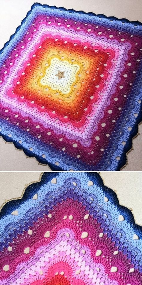 Crochet Sunset, Ombré Crochet Blanket, Ombre Yarn Projects, Ombre Yarn Crochet Patterns, Ombre Crochet Blanket, Ombre Yarn Crochet Blanket, Crochet Ombre Blanket, Mandala Yarn Blanket, Ombre Granny Square Blanket