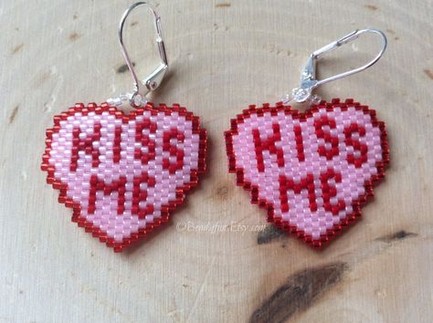 Seed Bead Earrings Name: kiss Me valentine Earrings | Etsy Beaded Valentine Earrings, Beads Projects, Beaded Hearts, Valentine Earrings, Seed Bead Projects, Art Perle, Beaded Earrings Native, Holiday Beading, Valentines Earrings