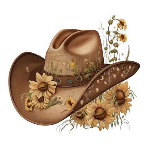 Cowboy Hat Tattoo With Flowers, Cowboy Hat With Flowers, Cowboy Hat Crafts, Cowgirl Images, Vintage Chevy Trucks, Arte Aesthetic, Hat Png, Chapeau Cowboy, Art Winter