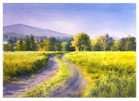 final-01 Best Watercolor Paper, Landscape Steps, Best Watercolor, Yellow Fields, Farm Paintings, Watercolor Architecture, Arches Watercolor Paper, Colored Pencil Artwork, Landscape Watercolor