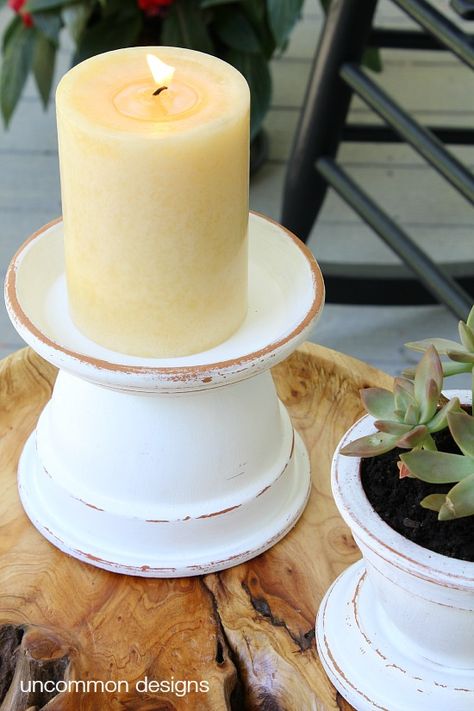 Create these amazing and beautiful outdoor terra cotta candle holders in 3 simple steps with pots! #outdoorliving #patiopaint #decoart via www.uncommondesignsonline.com Terra Cotta Candle Holder, Terra Cotta Pot Crafts, Pot Crafts, Clay Flower Pots, Flower Pot Crafts, Tanah Liat, Diy Candle Holders, Farmhouse Ideas, Clay Pot Crafts