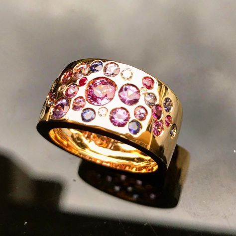 Sapphire wide multi stone band Custom Bespoke Ring 'Confetti' Ring Unique Yellow Gold Pink Orange Purple SAPPHIRE Yellow Gold Statement Ring by TresorsDuJour on Etsy Multicolor Sapphire Multi-stone Ring, Luxury Multi-stone Wide Band Jewelry, Gold Rings With Multi-stone Pink Sapphire, Luxury Pink Multi-stone Sapphire Ring, Exquisite 14k Gold Multi-stone Ring, Multi Gemstone Ring, Bespoke Rings, Gold Statement Ring, Purple Sapphire