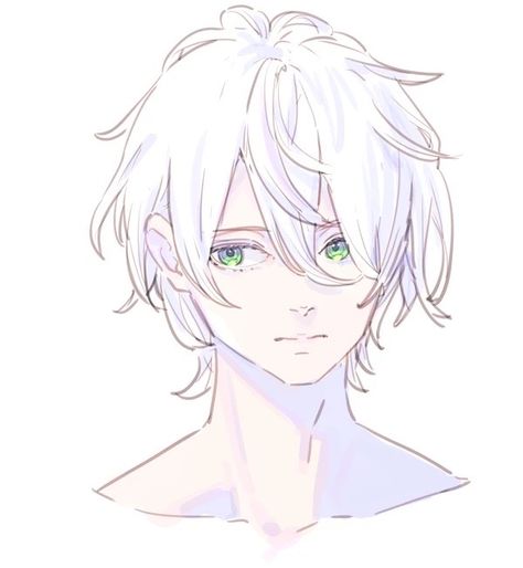 Eyes Looking To The Side, Silver Hair Boy, Boy With White Hair, Green Eyes Hair, Looking To The Side, Anime Boy Hair, Simple Background, Background White, Black And White Drawing