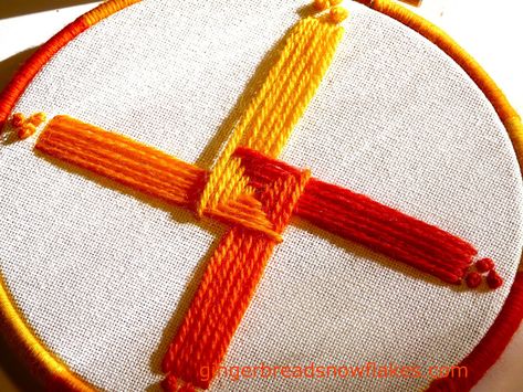 Brigid's Cross -embroidery | by gingerbread_snowflakes Brigid Cross, Kamal Kadai, St Brigid Cross, Brigid's Cross, Brazilian Embroidery Stitches, Pagan Decor, Pagan Crafts, St Brigid, Cross Embroidery