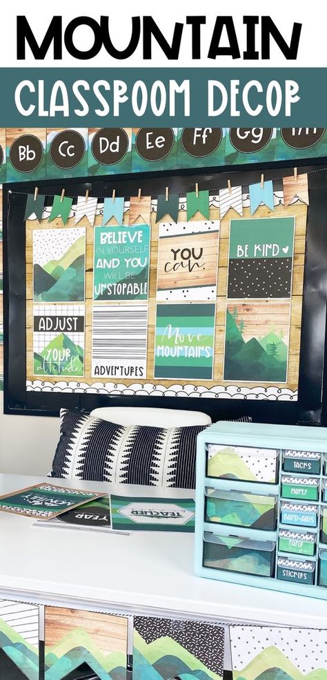 Mountains Classroom Decor, Mountain Themed Classroom, Mountain Classroom Decor, Mountain Classroom, Modern Classroom Decor, Elementary Classroom Themes, Themed Classroom Decor, Camping Classroom, Camping Theme Classroom