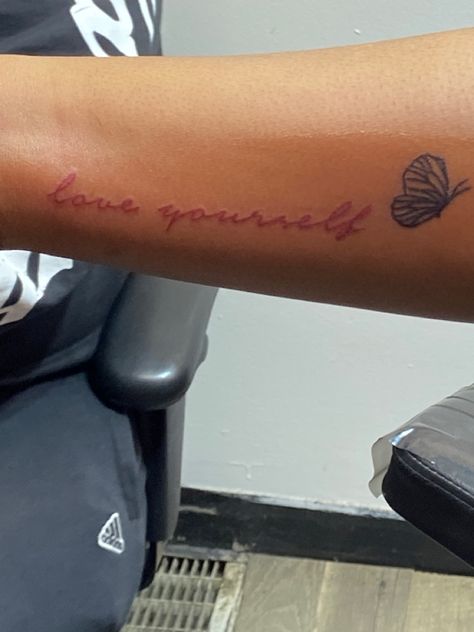 Love Yourself Red Ink Tattoo, Tattoo Ideas Female Love Yourself, Love Yourself Tattoos For Black Women, Love Yourself Tattoos For Women, Meaningful Butterfly Tattoo, Yourself Tattoo, Random Tattoos, Simple Tats, Balance Tattoo