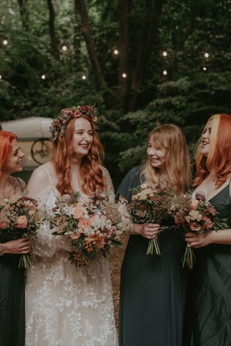 Boho outdoor woodland wedding with the bride in a lace wedding dress with bridesmaids in green bridesmaid dresses with neutral wedding bouquet and flower crown Bridal Party Mismatched, Wedding Dress With Bridesmaids, Forest Green Bridesmaid, Neutral Wedding Bouquet, Forest Green Bridesmaid Dresses, Blue Bridesmaid Dresses Short, Wedding Woodland, Indian Bridesmaid Dresses, Boho Outdoor