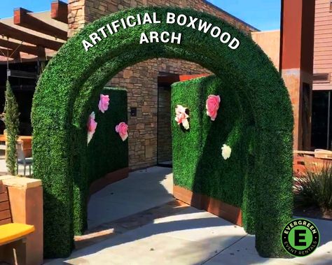 Impress your guest with this entrance using our Artificial Boxwood Arch and make your event fun and unforgettable. 👉 https://evergreeneventrental.com/ #hedgebox #hedgewall #hedgeboxarch #boxhedge #boxwoodhedge #landscapedesign #eventrentals Box Hedging, Boxwood Hedge, Bubble Wall, Artificial Boxwood, Boho Wedding Decorations, Green Wall, Event Rental, Hedges, Geraniums