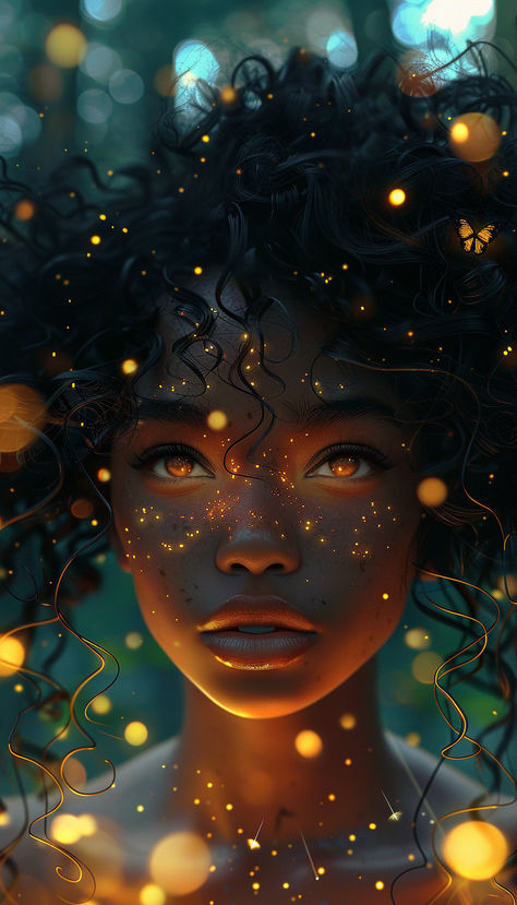 Golden Hour Beautiful Woman in the Forest with glowing eyes, glittering freckles, fireflies, butterfly Glowing Freckles, Amber Eyes In The Sun, Golden Eyes Fantasy Art, Gold Glowing Eyes, Glowing Eyes In The Dark, Gold Freckles, Glowing Woman Art, Woman In The Forest, Dark Freckles