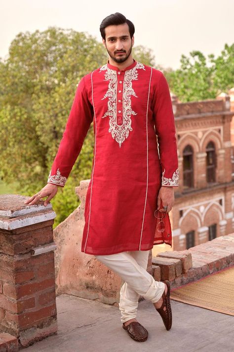 Red Chanderi Art Silk Hand Embroidered Kurta Set for Men Red Kurta, Classy Outfits For Women, Indian Men Fashion, Oxblood Red, Ethnic Outfits, Embroidered Neckline, Embroidered Details, Bandana Print, Churidar