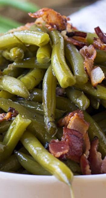 Southern-Style Green Beans- cooked long and slow until melt in your mouth tender. Southern Style Green Beans, Beans With Bacon, Green Beans With Bacon, Southern Cooking, Side Recipes, Holiday Cooking, Veggie Dishes, Melt In Your Mouth, Southern Recipes