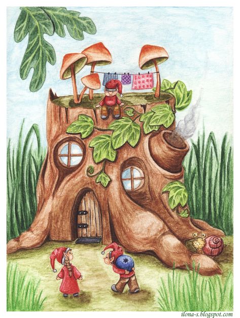 Art by Ilona Sula: Home for little elves Fairy House Drawing, Stump House, Fairy Drawings, Storybook Art, Cottage Art, House Drawing, Vintage Poster Art, Art And Illustration, Fairy Art