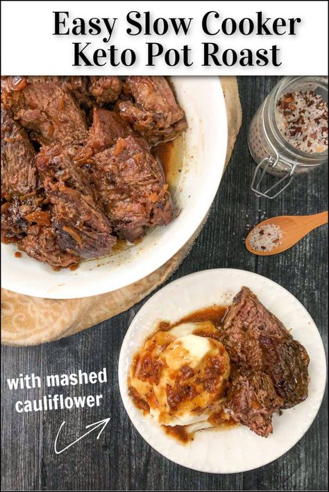 white plate with slow cooker keto pot roast and mashed cauliflower and text Keto Pot Roast, Primal Living, Slow Cooker Pot Roast, Slow Cooker Roast, Crockpot Roast, Paleo Crockpot, Dump Meals, Pot Roast Slow Cooker, Keto Ideas