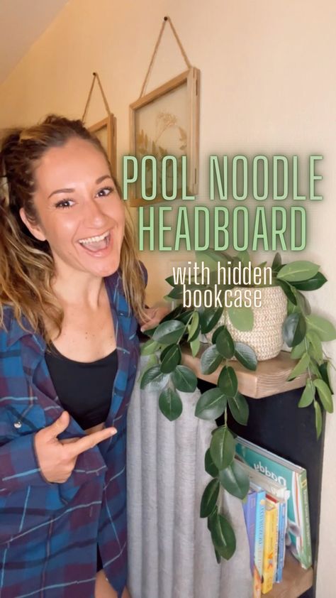 Pool Noodle Headboard with hidden book storage Hidden Book Storage, Pool Noodle Headboard, Noodle Headboard, Cheap Plywood, Hidden Book, Bedroom Aesthetics, Minwax Stain, Pipe Insulation, Pool Noodle