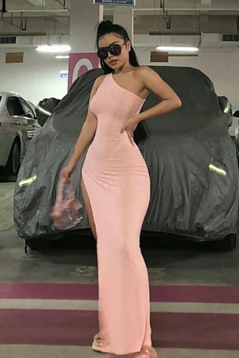 KGFIGU Vacation Snug Bodycon Vestidos Pink Hot Sale One Shoulder Split Summer Ribbed Dress Women Slim Fitness Maxi Clothes Pink Bodycon Dress Outfit, Aesthetic Maxi Dress, Dresses With Tennis Shoes, Hot Pink Bodycon Dress, Hot Pink Bodycon, Pink Bodycon Dress, Hand Dress, Body Con Dress Outfit, Pink Bodycon