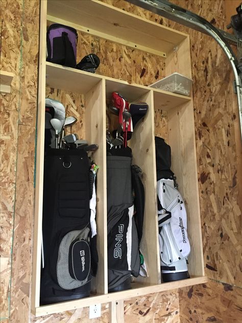 Diy Golf Storage, Golf Club Organizer, Golf Organizer, Hunting Garage Storage, Golf Bag Storage Ideas, Diy Bag Rack, Golf Bag Storage Garage, Diy Golf Bag Storage, Golf Storage