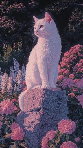 ↑↑↑ Larger size on website 🔸 A white cat with piercing blue eyes sits atop a large, weathered stone. The cat's fur is soft and fl Cute Cats With Flowers, White Cat Wallpaper, Cat With Piercing, Cats With Flowers, Fluffy White Cat, Piercing Blue Eyes, Cats And Flowers, Cat And Flowers, Sick Cat