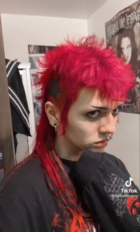 How To Do A Mohawk, Mullet With Sideburns, Deathhawk Hairstyles, Short Deathhawk, Red Hair Mullet, Alternative Hair Men, 90s Punk Hair, Alternative Mullet, Alt Mullet