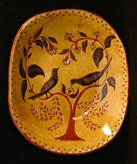 redware trencher, black birds and leaves Birds Eating, Primitive Painting, Creative Workshops, Clay Birds, Primitive Colonial, Black Birds, Earthenware Pottery, Antique Samplers, Ancient Pottery