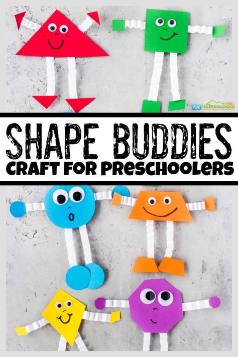 These adorable shape buddies are a fun way to help early learners work on shape recognition while having fun! This shape craft for preschoolers allows toddler, preschool, pre-k, and kindergarten age kids work on shape matching. They will also work on color recognition at the same time as they complete this shape craft activity. So grab some constrution paper, googly eyes, scissors, and you are ready to try this preschool shape activities and crafts! Shape Buddies Craft, Fun Shapes Activities For Preschoolers, Shapes And Colors Activity For Preschool, Call Preschool Crafts, Touching Sense Activities, Preschool Engaging Activities, Preschool Review Week Activities, Diy Preschool Crafts, Quick And Easy Pre K Crafts