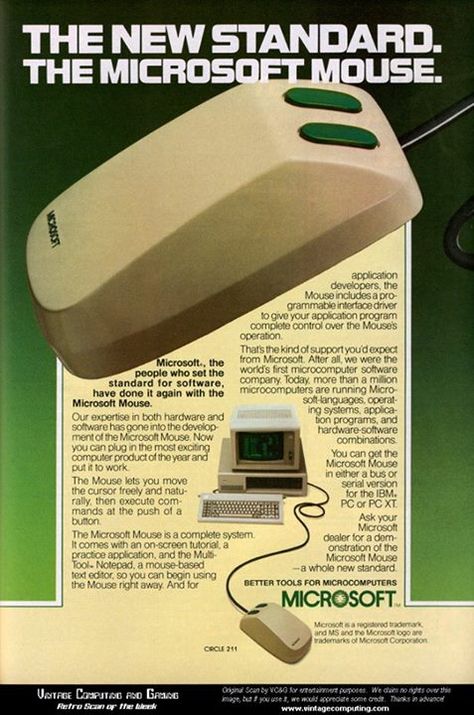 The two-button IBM PC mouse hit the market in 1983, carrying a price tag of $195. That's roughly $450 today! Microsoft Applications, Vintage Computer, Computer History, Old Technology, 8 Bits, Retro Ads, Old Computers, Hardware Software, Disco Duro