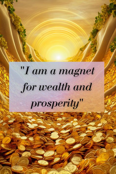 Wealth affirmation pin with golden background showing radiant light, lush foliage, and a sea of gold coins. Text overlay reads 'I am a magnet for wealth and prosperity' on a translucent banner. I Am A Magnet, The Power Of Positive Thinking, Attracting Abundance, Power Of Positive Thinking, Financial Growth, Attract Abundance, Wealth And Prosperity, Subconscious Mind, Positive Thinking