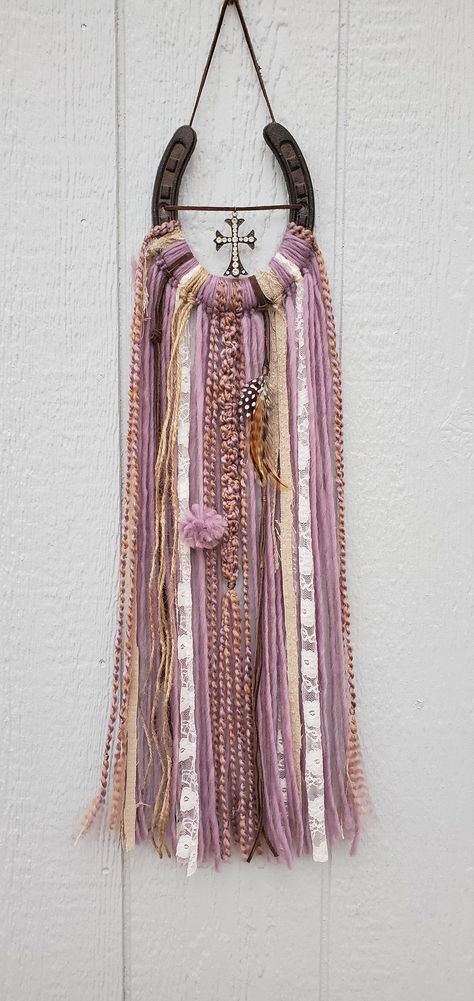 To purchase go to Etsy@HorseshoesAndBling. Lavender purple western rustic horseshoe art dream catcher wall decor wall hanging with bling rhinestone cross dreamcatcher, boho decor, cowgirl dreamcatcher, purple decor, western cross Horse Dream Catcher, Horseshoe Dreamcatcher Diy, Horseshoe Dream Catcher, Cowgirl Crafts, Christmas Dreamcatcher, Dream Catcher Crafts, Purple Cowgirl, Dream Catcher Wall Decor, Horseshoe Dreamcatcher