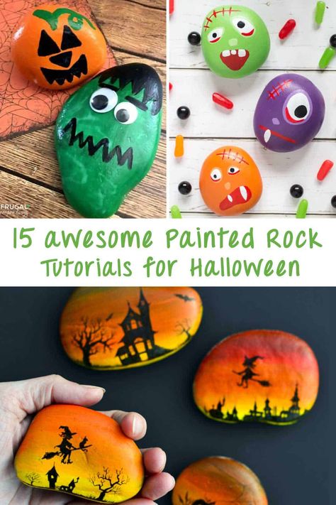 15 ideas with tutorials for how to make Halloween themed painted rocks! We've got Frankenstein, black cats, mummies, bats, zombies, witches, haunted houses, monsters and more! Easy crafts anyone can do. #artsyprettyplants #halloweencrafts #halloweendecor #halloweenideas #retrocrafts Halloween Rock Painting Ideas, Halloween Rock Painting, Zombie Crafts, Indoor Crafts, Fall Decor Diy Crafts, Retro Crafts, Fun Halloween Crafts, Halloween Rocks, Whimsical Wall Art