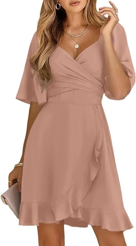 Dokotoo Women's Wrap V Neck Short Flared Sleeve Smocked Elastic Waist Tiered Belted Ruffle Hem Party Short Dress Wedding Dress Summer Dress Pink XXL at Amazon Women’s Clothing store Flare Sleeve Dress, Party Dress Short, Mini Dresses For Women, Guest Dress, Women Wedding Guest Dresses, Casual Summer Outfit, Casual Summer Dresses, Party Dresses For Women, Smock Dress