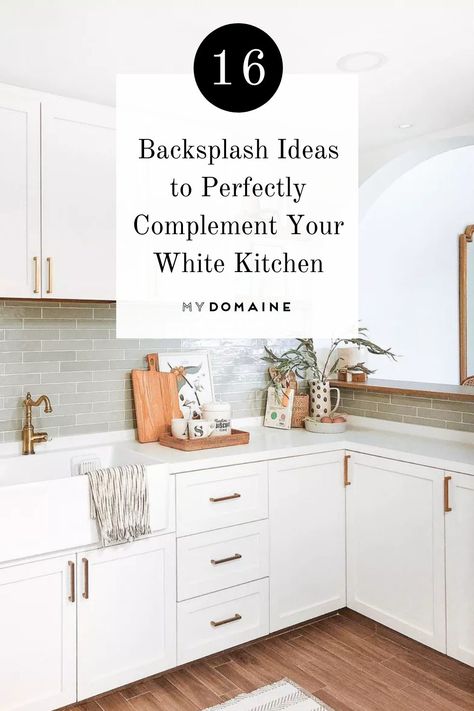 Looking for the right backsplash to complement your white kitchen? We've rounded up the goods with lots of backsplash ideas to help you find the perfect look. Backsplash White Cabinets White Counter, Backsplash With White Countertops Glass, Backsplash In White Kitchen Ideas, White Cabinet And Countertop Backsplash, Kitchen Tiles For White Kitchen, White Counter And White Cabinets, White Quartz And Backsplash, Backsplash For White Cabinets And Countertops, Backsplash To Match White Quartz