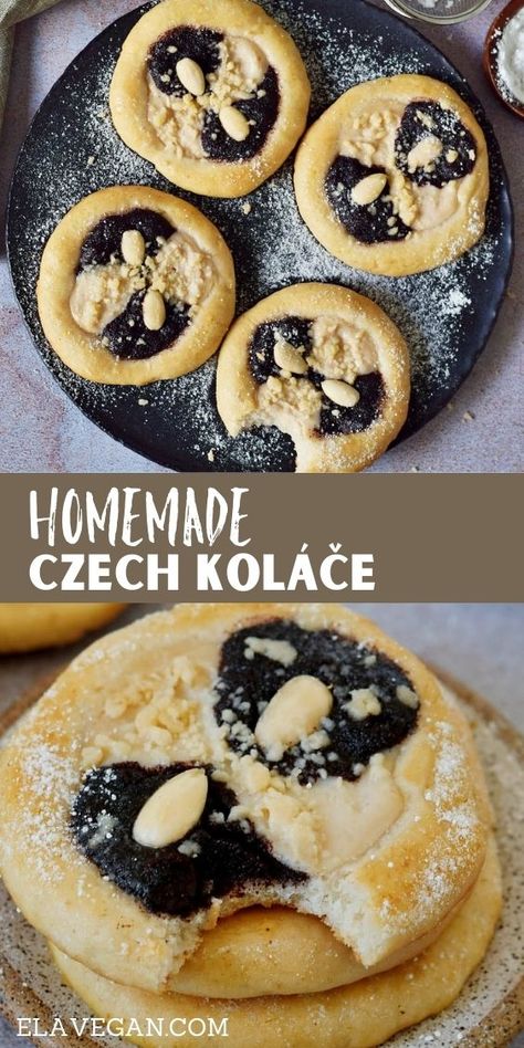 These kolache (Kolaches/Koláče) are a delicious sweet vegan pastry using a light, sweet dough, filled with a poppy seed- and vegan cheesecake filling and topped with a streusel topping! This recipe is dairy-free, eggless, and can be made gluten-free and nut-free! Vegan Kolache Recipe, Vegan Kolaches, Vegan Pastry Dough, Poppy Seed Recipes, European Desserts, Kolache Recipe, Vegan Pastry, Biscuit Donuts, Gf Sweets