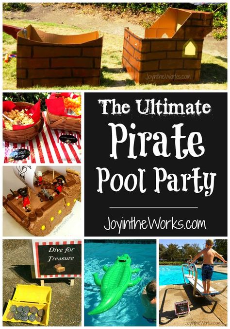 What better place to have a pirate birthday party than at the pool! Check out the games we played like wrestling crocodiles, walking the plank and diving for treasure.  We also played some regular pirate games too like cannon ball toss and sword battles in our DIY cardboard pirate ship.  Food and favor ideas are available here too! Pirate Pool Party, Wrestling Birthday Parties, Teacher Appreciation Gifts Printables, Games Indoor, Cannon Ball, Summertime Crafts, Pirate Games, Pirate Theme Party, Walking The Plank