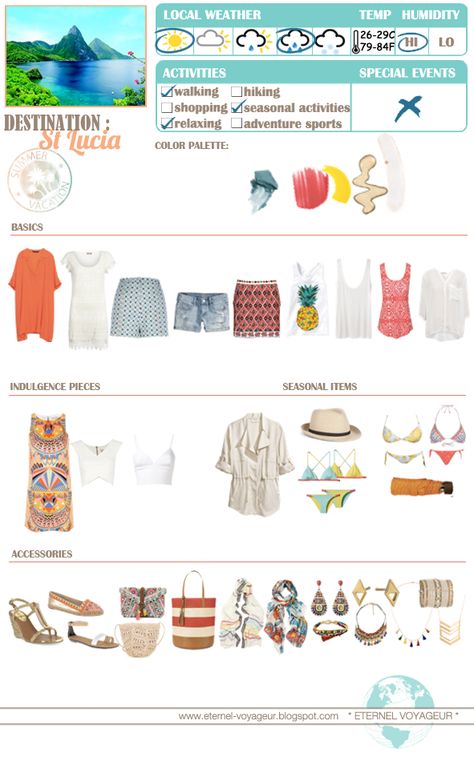 Eternel Voyageur: WHAT TO PACK St. Lucia St Lucia Outfit Ideas, Pack For 2 Weeks, What To, Travel Capsule, Packing Checklist, Saint Lucia, Caribbean Vacations, Roatan, Cruise Outfits