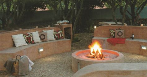 White stinkwoods provide a leafy backdrop to this unusual boma designed by Neville of Creat a Landscape Boma Ideas Fire Pits, Boma Ideas, Fire Pit Materials, Backyard Ideas For Small Yards, Round Fire Pit, Patio Fireplace, Patio Fire Pit, Dry Creek, Diy Fire Pit