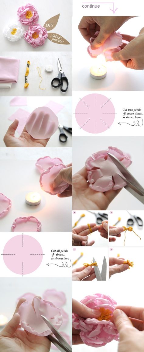 DIY Fabric Peony Flower requiring 100% polyester fabric Sulaman Pita, Diy Fleur, Ribbon Flower Tutorial, Buat Pita, Fabric Flower Brooch, Fabric Flower Tutorial, Handmade Flowers Fabric, Organza Flowers, Cloth Flowers