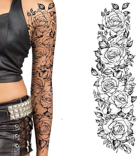 Full Arm Flower Tattoo Floral Sleeve, Voll Arm-tattoos, Christian Sleeve Tattoo, Fake Tattoo Sleeves, Rose Tattoo Sleeve, Full Leg Tattoos, Female Body Art, Arm Temporary Tattoos, Temporary Tattoo Sleeves